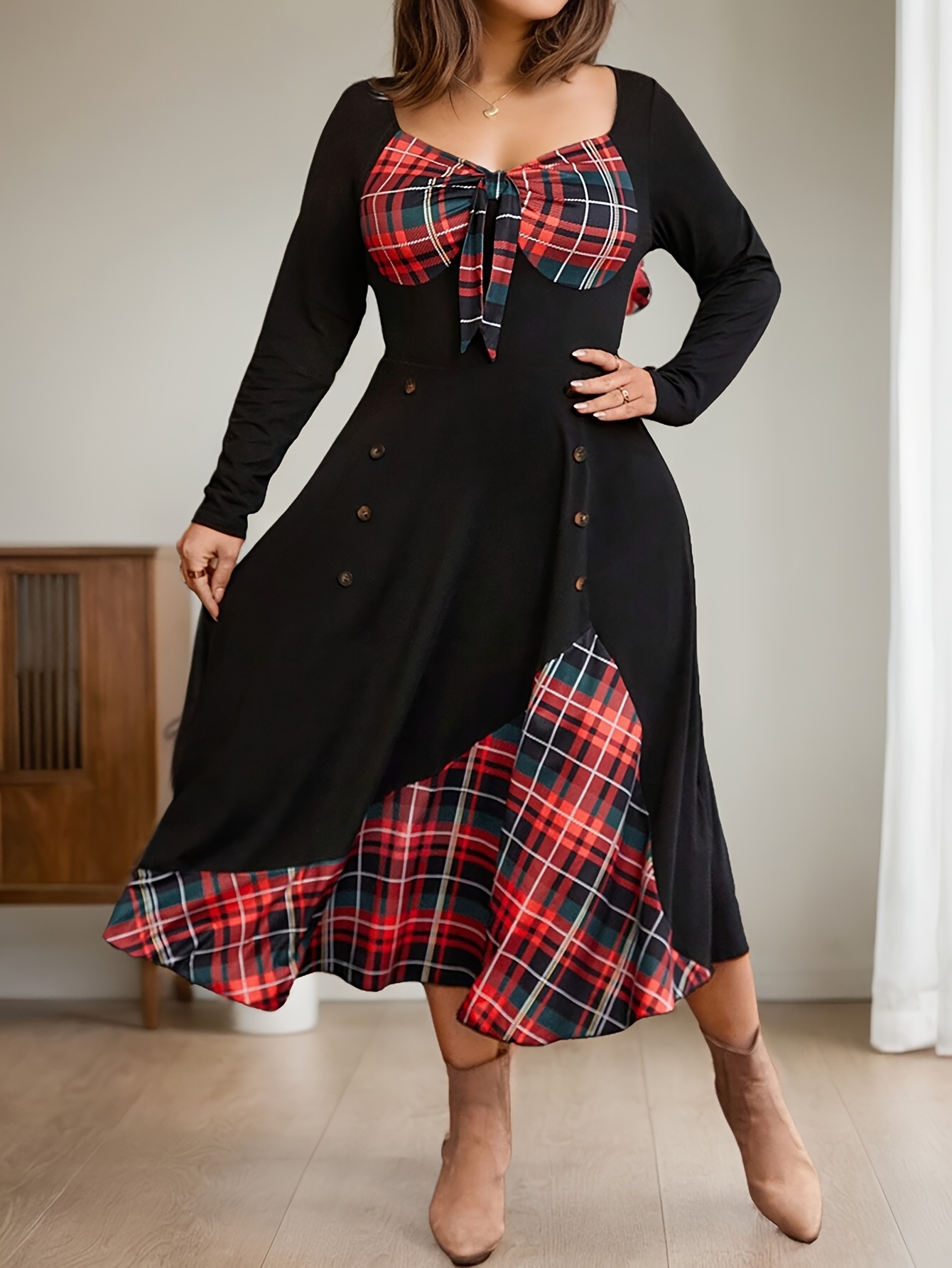 elegant plaid fit flare midi dress women long sleeve Temu Poland