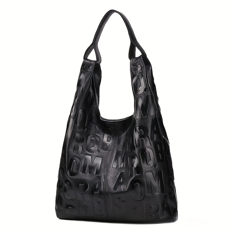TEMU Fashionable Women' Cowhide Handbag, Lazy Style Bag, Large Capacity Waterproof, Embossed Letter Design, Commuting Style Tote Bag, Durable And Spacious Daily Use Armpit Bag