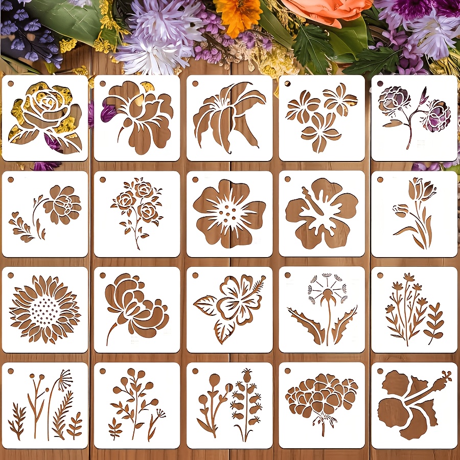TEMU 20 Pochoirs de peinture de plantes florales réutilisables pour l'artisanat, modèles de peinture murale en bois pour la décoration intérieure