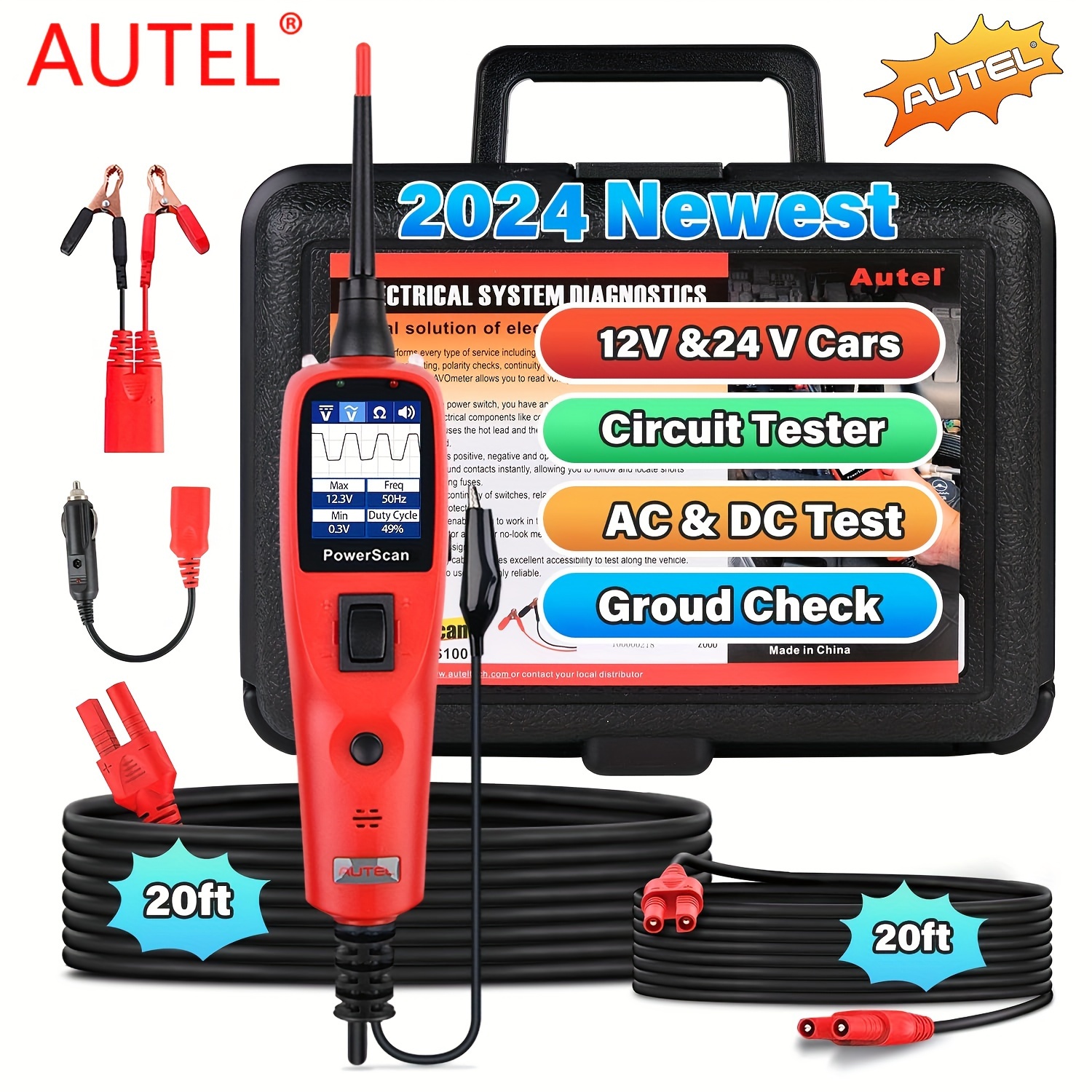 

Autel Powerscan Automotive Circuit Tester, 12v 24v Power Circuit Probe Kit, Digital Multimeter/relay & Diode Resistance Tool, For Frequency/duty Cycle/voltage Test, Activating Component, W/ 20ft Cable
