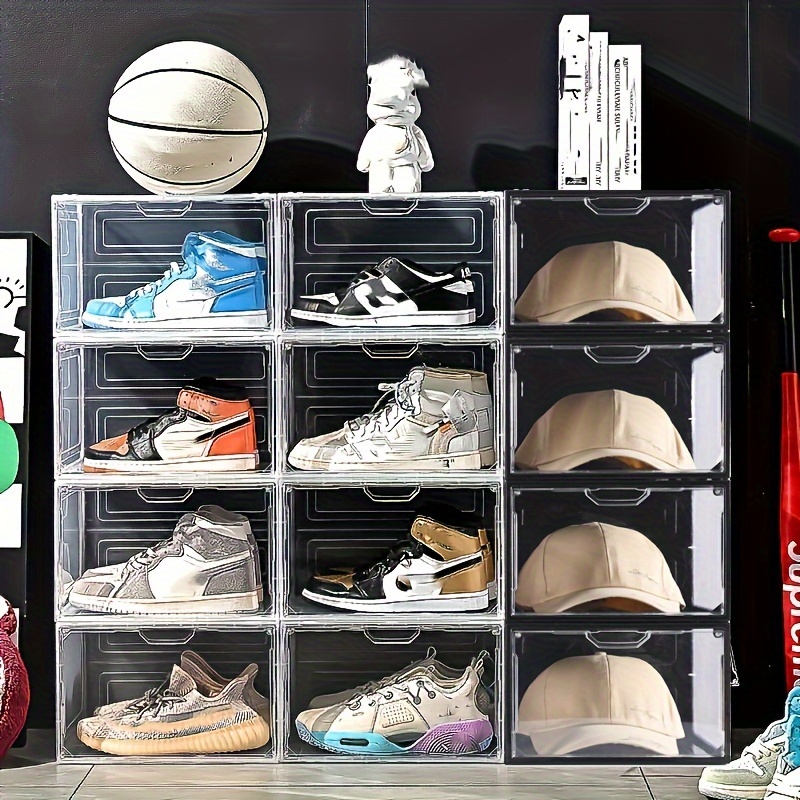 

6-pack Clear Plastic Shoe And Hat Storage Organizer With Magnetic Closure, Waterproof Rectangle Stackable Sneaker Display Case, Closet Organizer