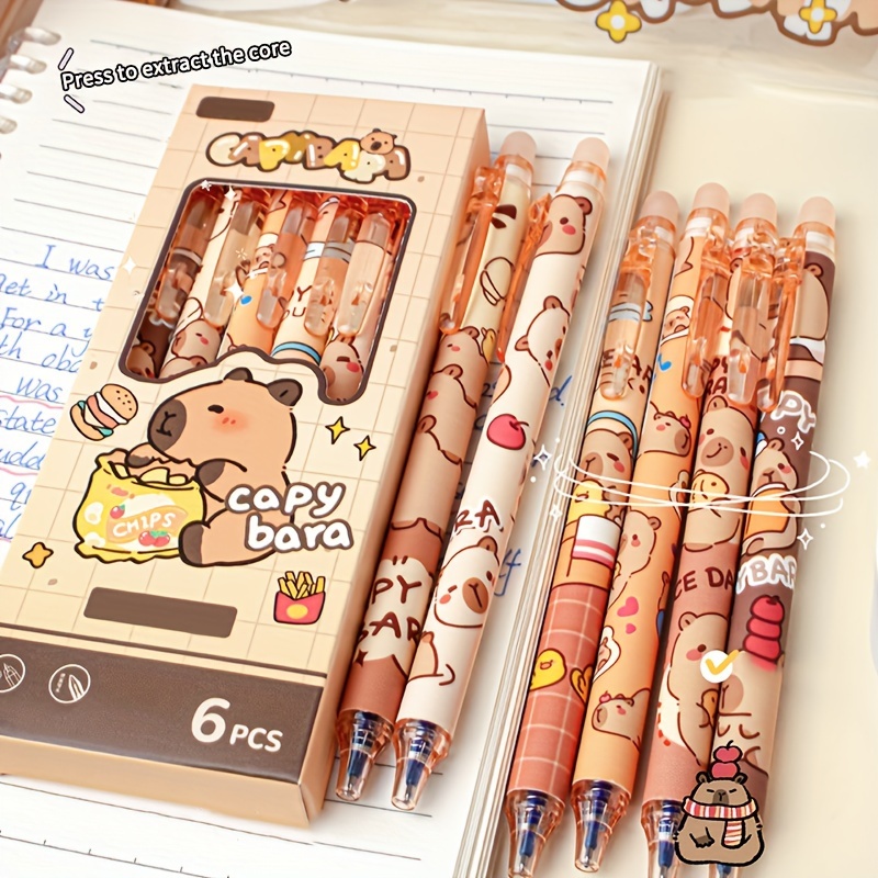 

6-pack Capybara Erasable Gel Pens, 0.5mm Medium Point, Quick- Ink, Retractable Pens With Cute Animal Design For Smooth - Ideal For Students & Office Use