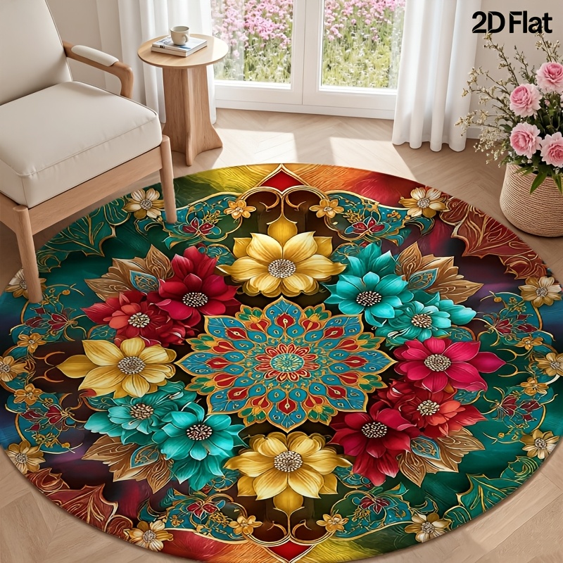2D Flache 1-teilige Farbige Blumenmuster Runde Wohnzimmer Bodenmatte, Weich und Bequem, 1,19 cm Dicke Flanell Material, Sehr * für Eingangsbereich, Wohnzimmer, Schlafzimmer, Terrasse oder Garten *
