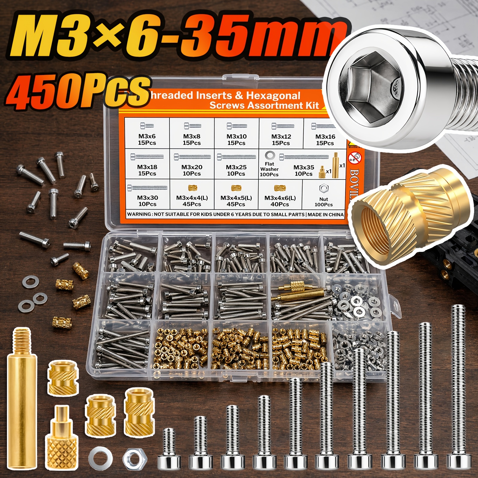 TEMU M3 Threaded Heat Shrink Nut Set, Including M3 Hex Bolts, Nuts And Washers, Specifications Covering M3 X 6/8/10/12/16/18/20/25/30/35mm; Suitable