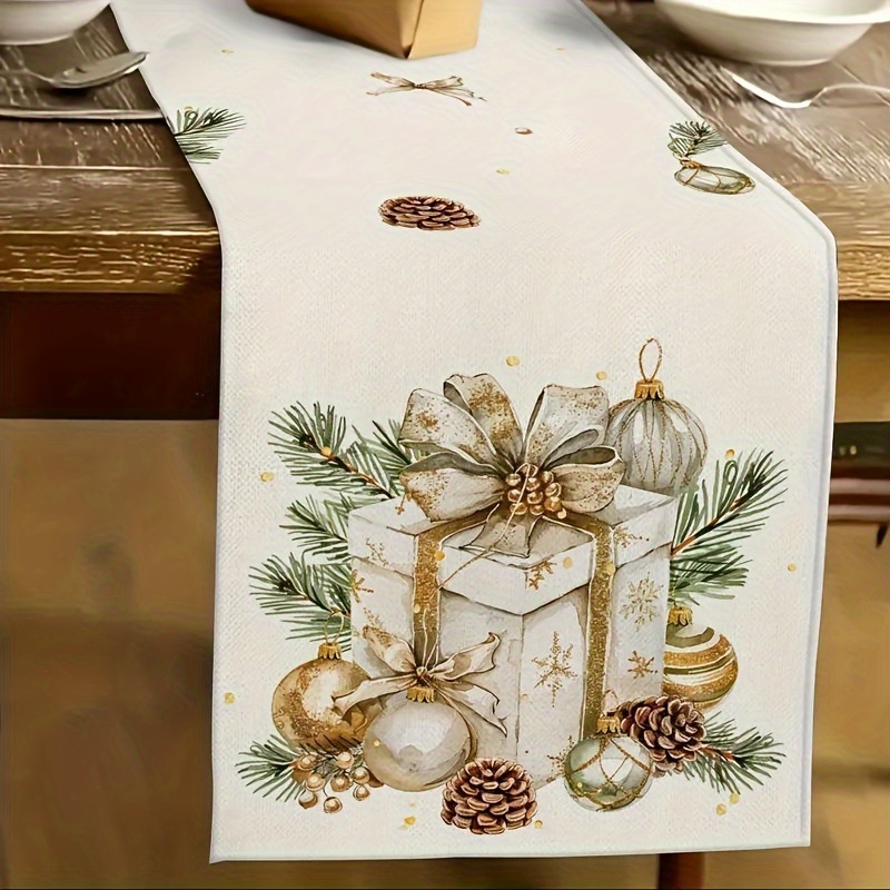 

Christmas-themed Table Runner With Gifts & Ornaments - Rectangular Polyester Holiday Decor For Indoor/outdoor Parties