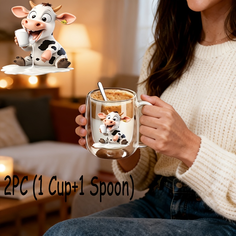 TEMU 2 pezzi (1 di vetro + 1 cucchiaio), riutilizzabile isolata a parete in borosilicato con , da caff癡 di grande capacit� per bevande e fredde per ,