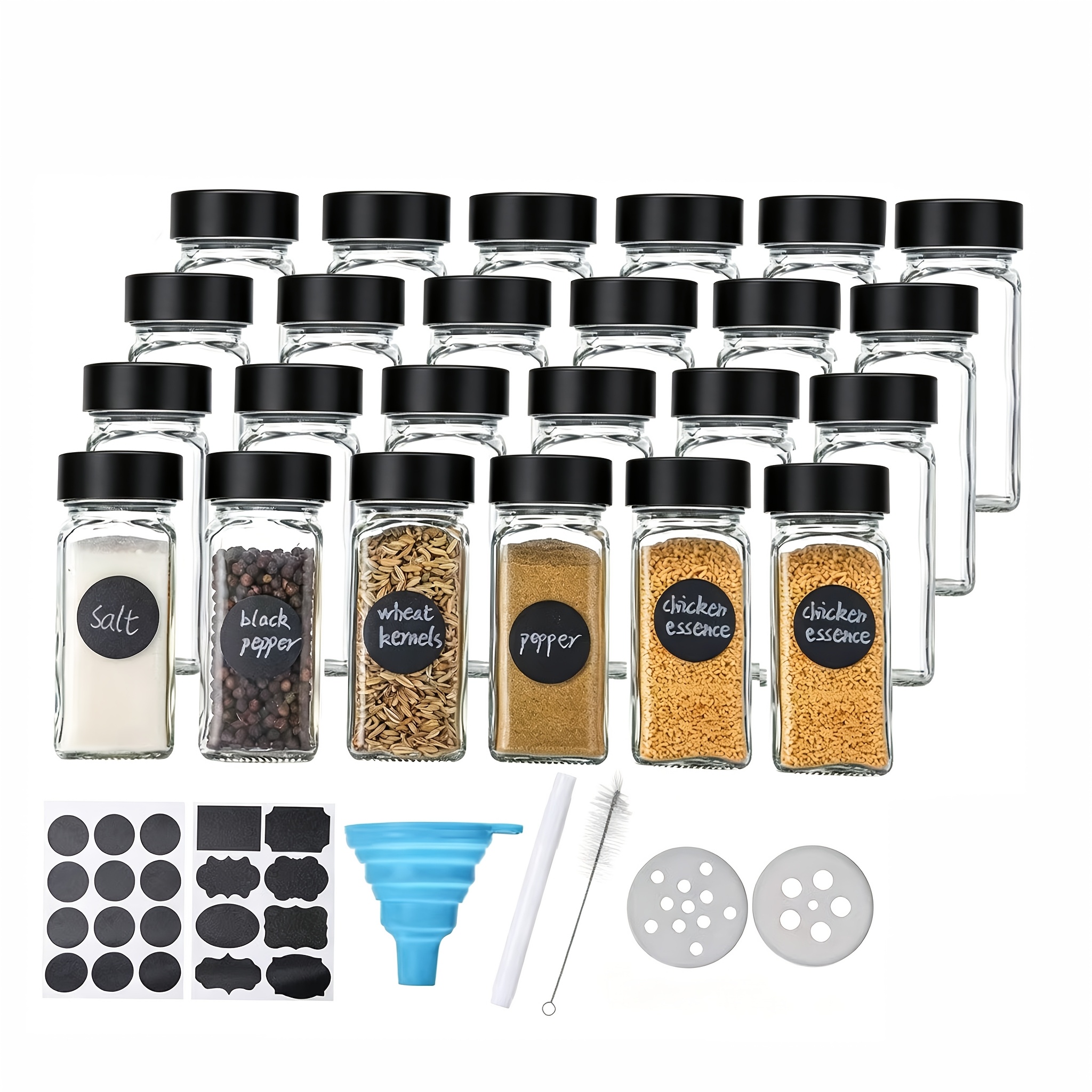 Image of 24pcs Square Glass Spice Jar Set With Labels, Seasoning Storage, Glass Construction, Handwritten Labels, Markers, Foldable Funnel, Cleaning Brush