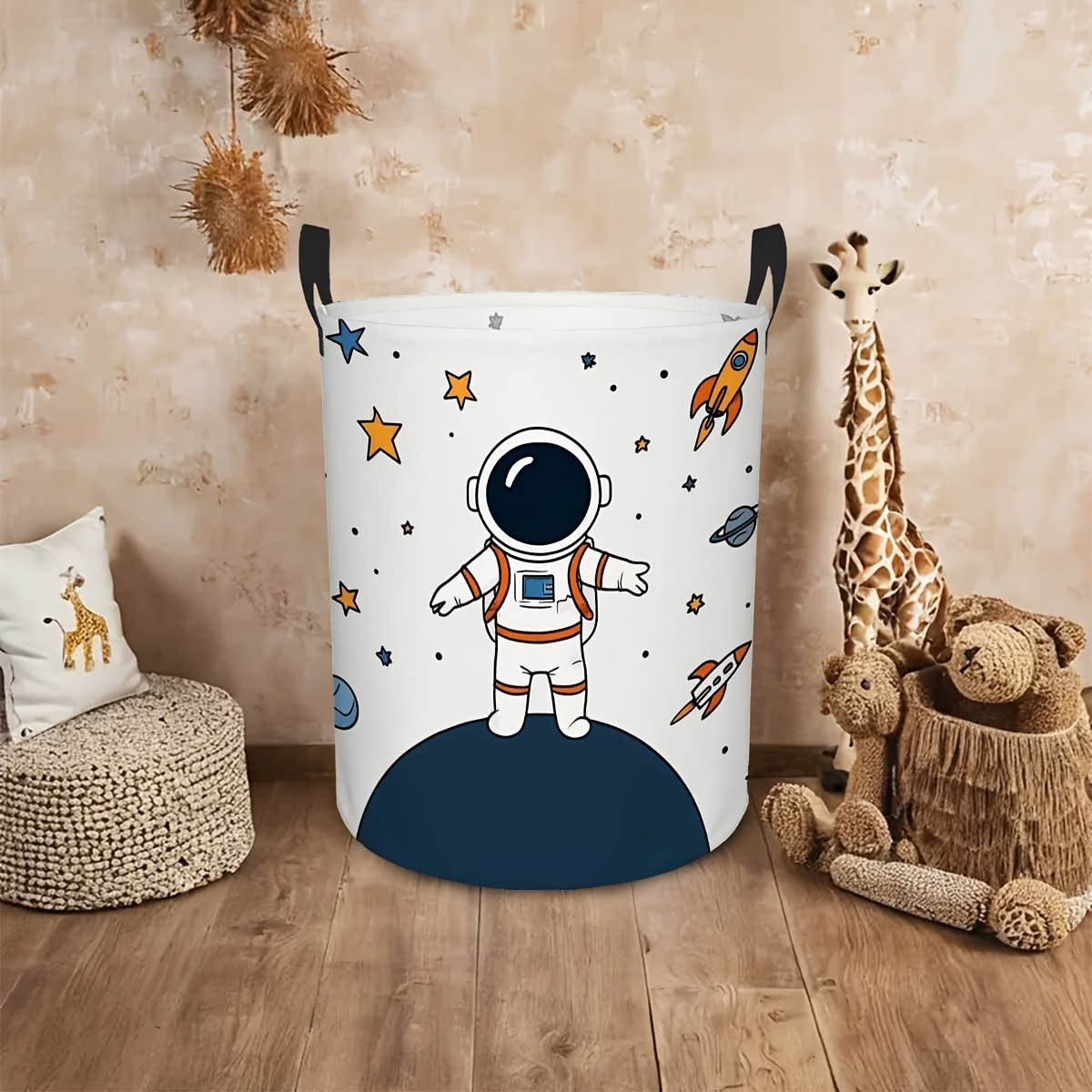 E-shop 1 Stück Astronauten-Weltraum-Themen Wäschekorb mit robustem Griff – Runder Aufbewahrungsorganizer für Zimmer, Badezimmer – Langlebiger