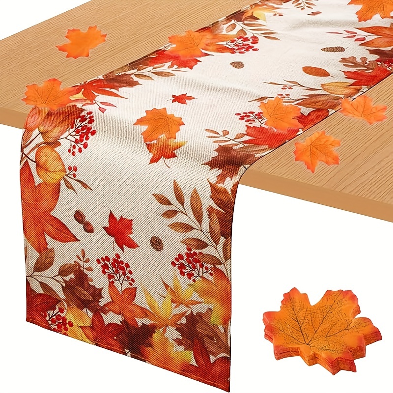 

Autumn Leaves Polyester Table Runner - 72" X 13" Woven Rectangular Table Top Decor With Fall Leaf Accents For Thanksgiving Decoration