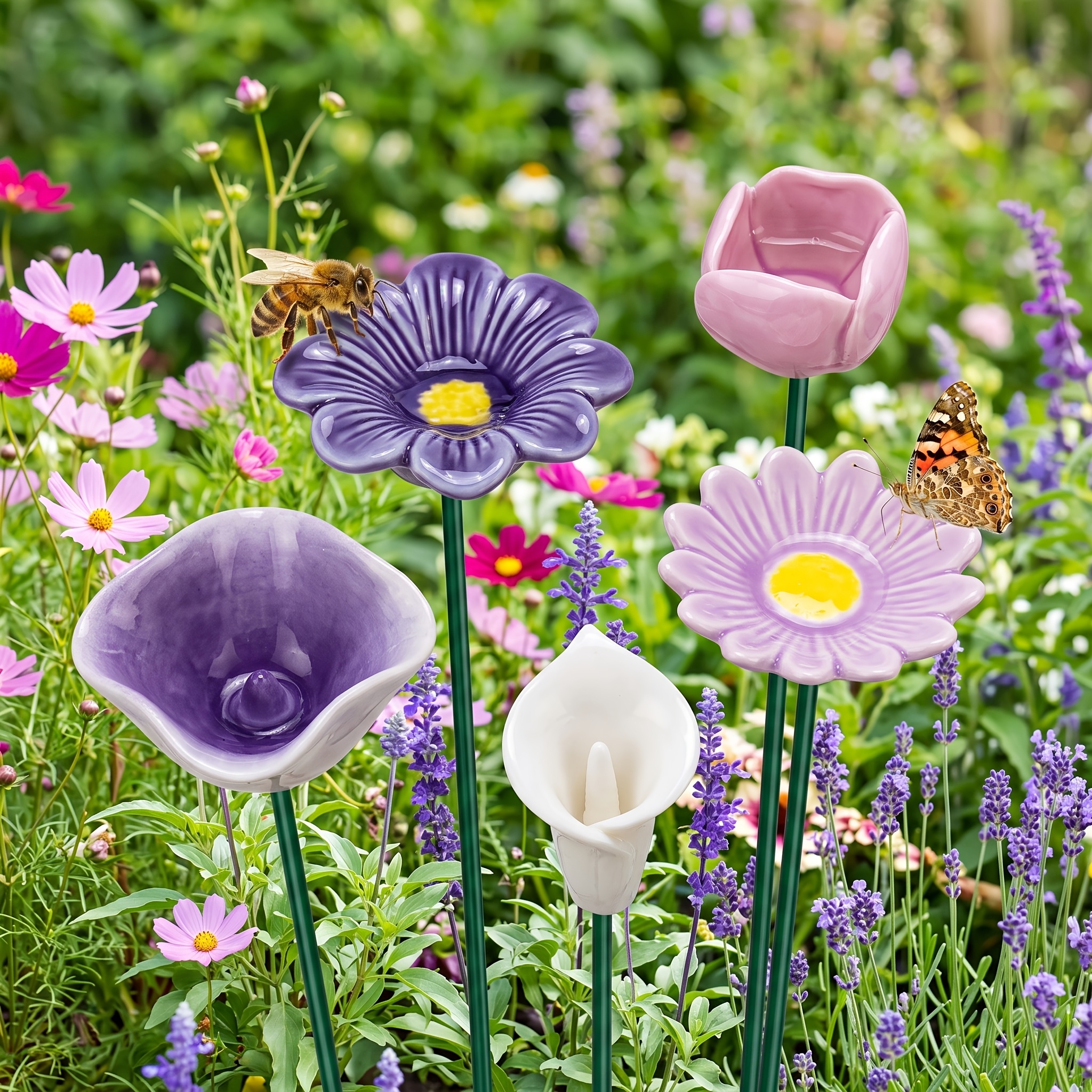 TEMU 5pcs Set, Pink-purple Handmade Ceramic Flower Bee Feeder, Honey Bee Sugar Feeder, Water Feeder, Ceramic Material, Outdoor Feeding For Bees And