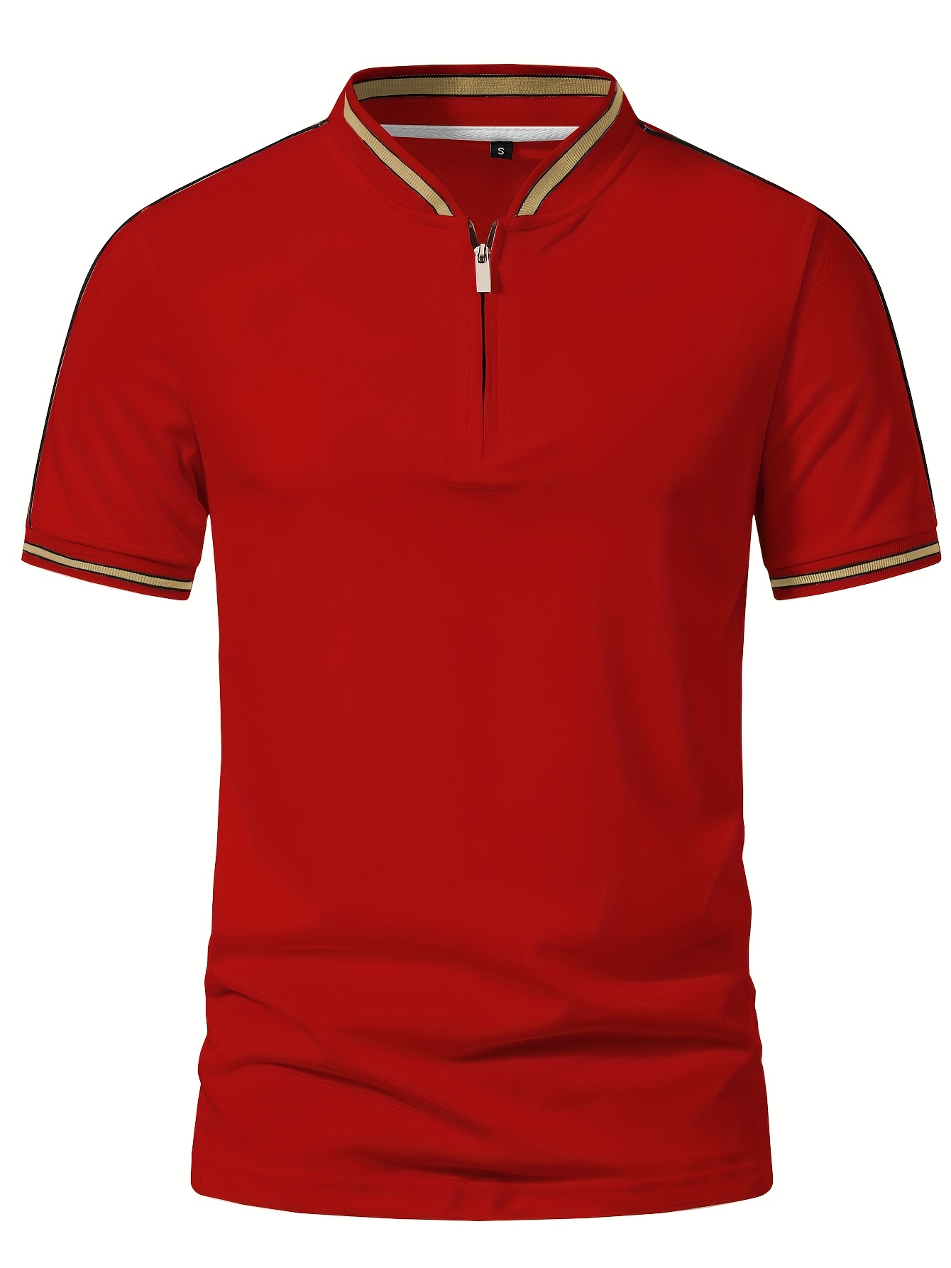 Men'S Casual Short Sleeve Polo Shirt - Beige with Black Side Stripes, Comfortable Breathable Fabric, Mandarin Collar, Zipper Detail, Perfect for Sports, Outdoor Activities & Casual Wear, Sports Casual Wear | Minimalist Design | Comfortable Fit