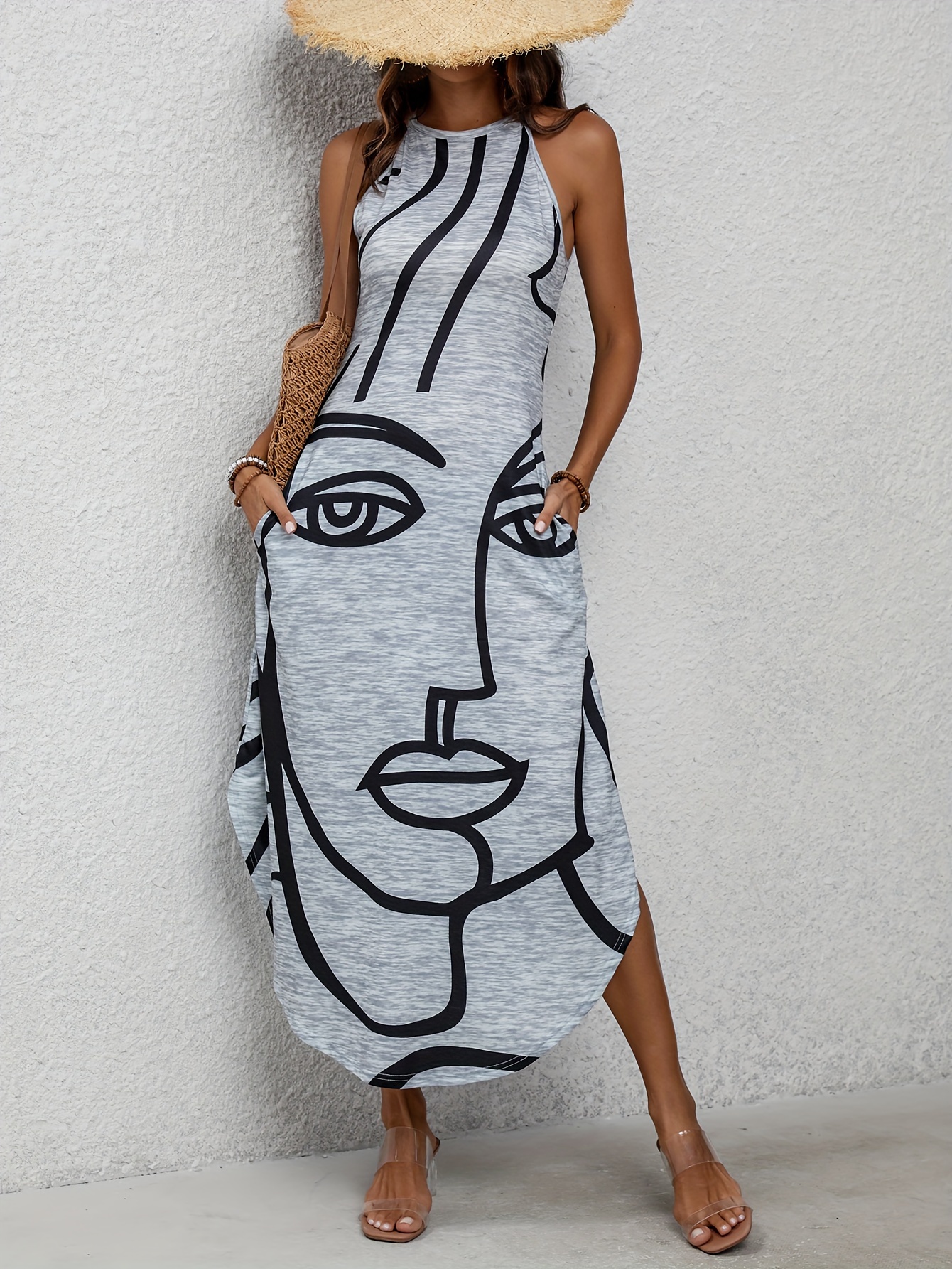 womens summer abstract face print shoulder dress fit - Temu Qatar