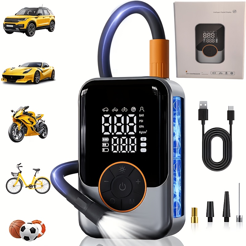 TEMU Large Screen Bicycle Electric Air Pump, Portable Air Compressor, Tire Inflator, Wireless -button Fast Inflator With Led Light, Suitable For