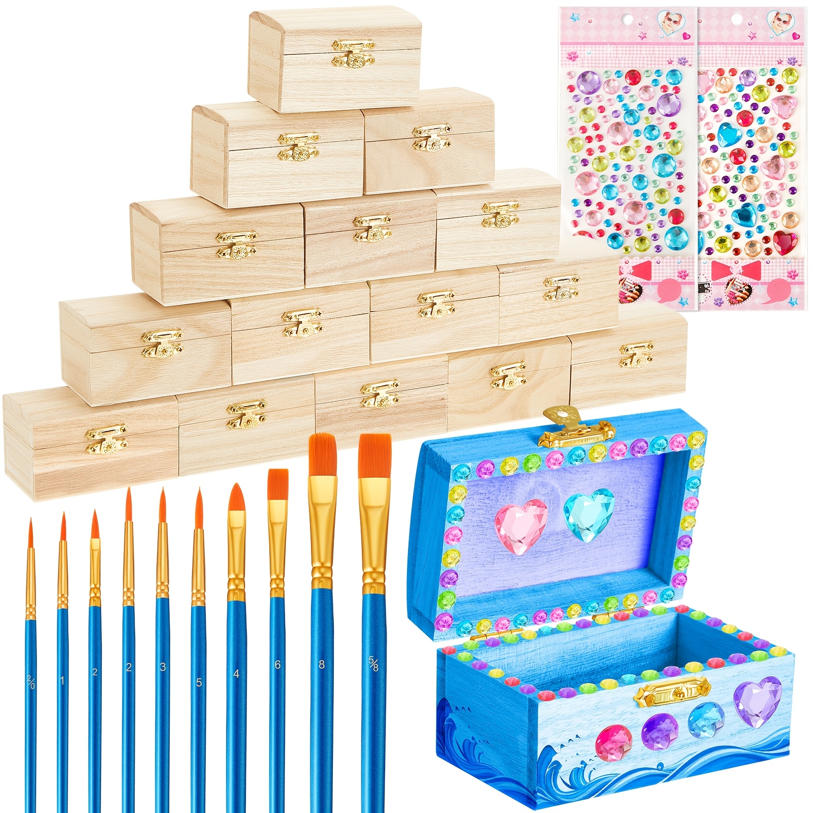 

15pcs Small Wooden 3.5 X 2.2 X 1.9 Unfinished Wooden Box 10pcs Brushes 2 Adhesive Rhinestones