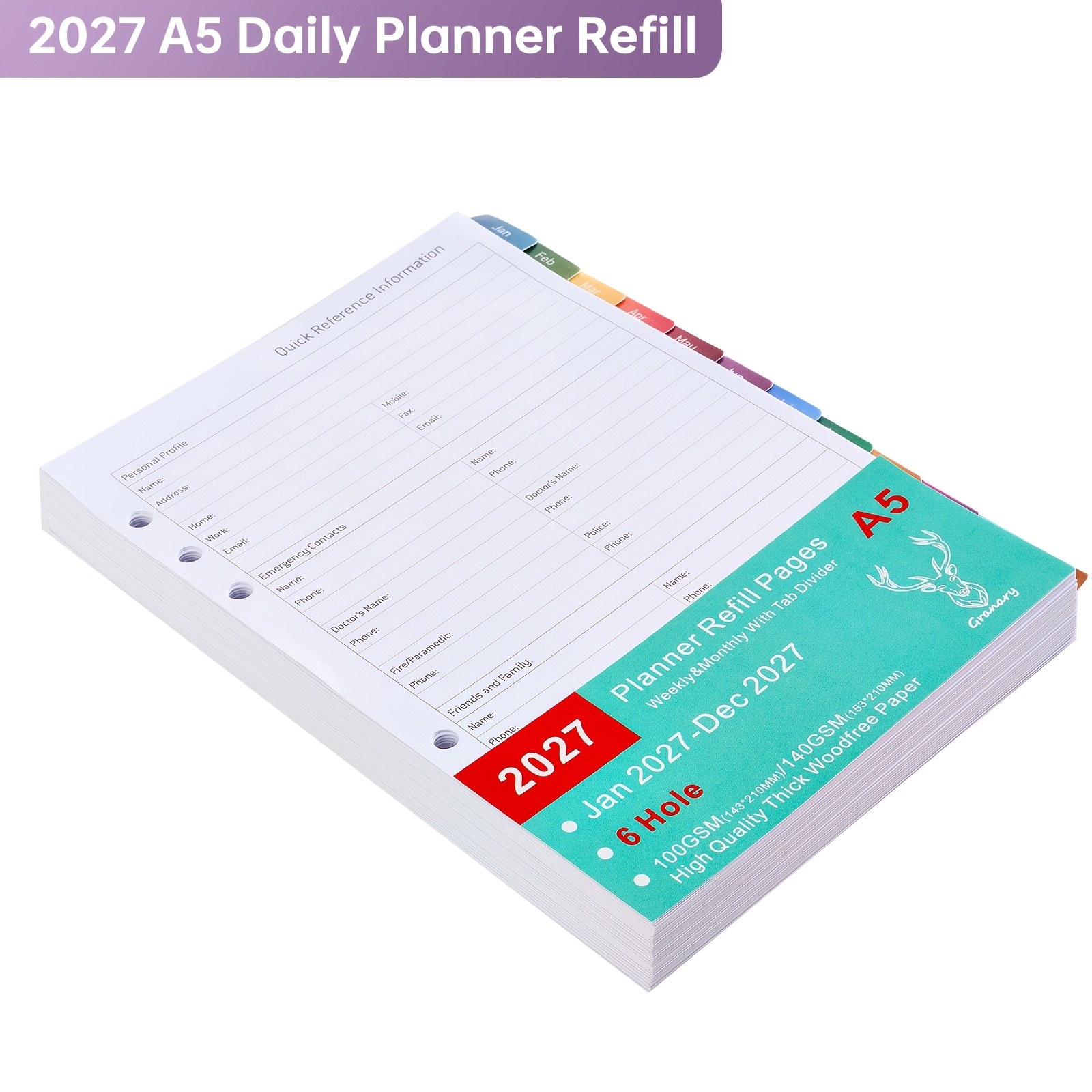 TEMU 2027 Planner Refill Pages A5/a6 - 6-hole, 12 Monthly Tab Dividers, Thick Paper, Weekly/monthly Agenda With Calendar, Important Dates, Address &