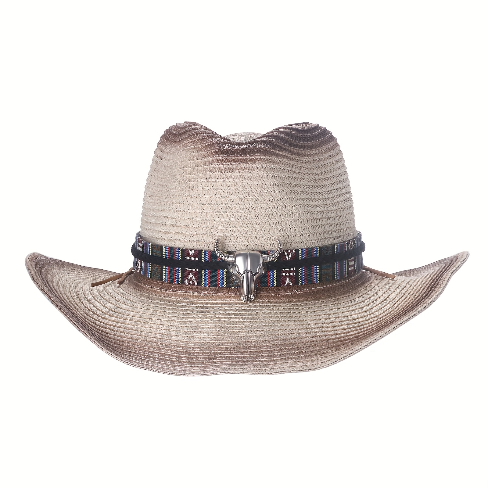 Image of Men' & Women' Western Cowboy Straw Hat - Bohemian Gradient Color Suitable For Equestrian Riding, Rodeo, Ranch, Themed Parties, Casual Wear - Hand Washable Bull Horn Accessory