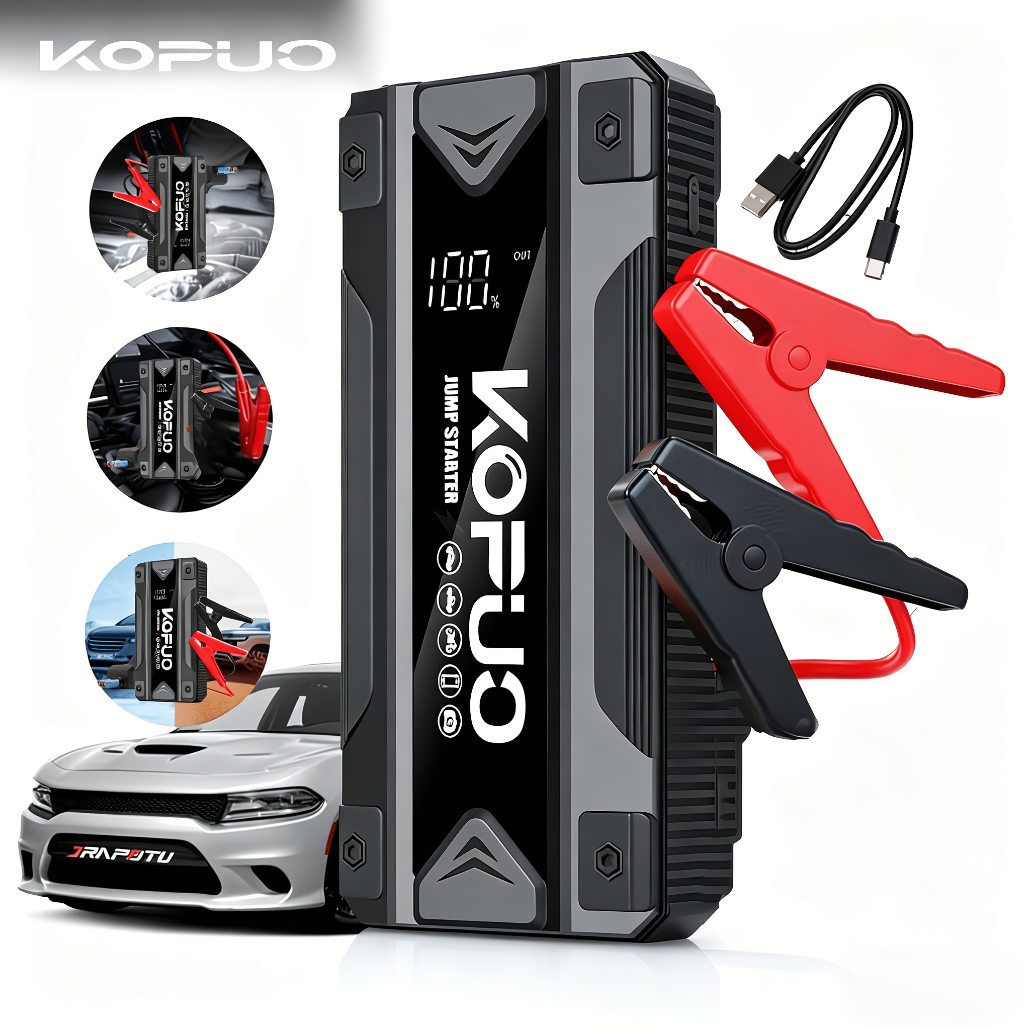 TEMU KOPUO Démarreur de batterie portable, Démarreur de batterie 5000A Démarreur de batterie 6000A en option, Démarreur de batterie de voiture pour