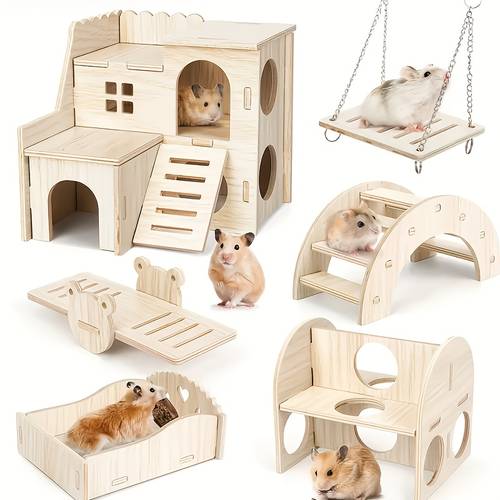 wood hamster cage chew proof hamster toys wood running wheel villa swing nesting house for small pets chewable habitat for hamsters hamster cage supplies