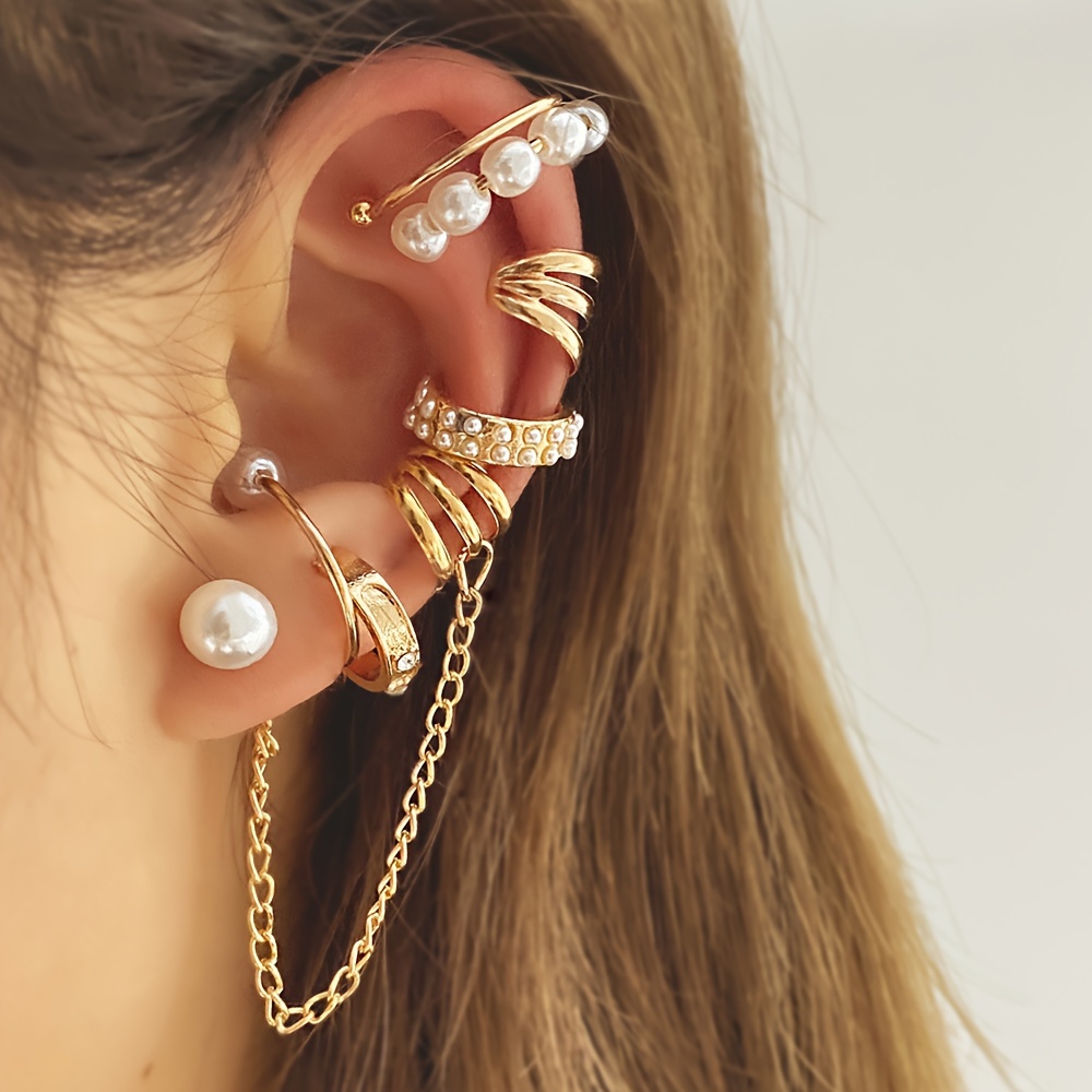 

Set Of 9 Trendy Women's Pearl Tassel Chain Ear Clips, Unique Creative Punk Style Light Luxury Earrings Accessories Gift