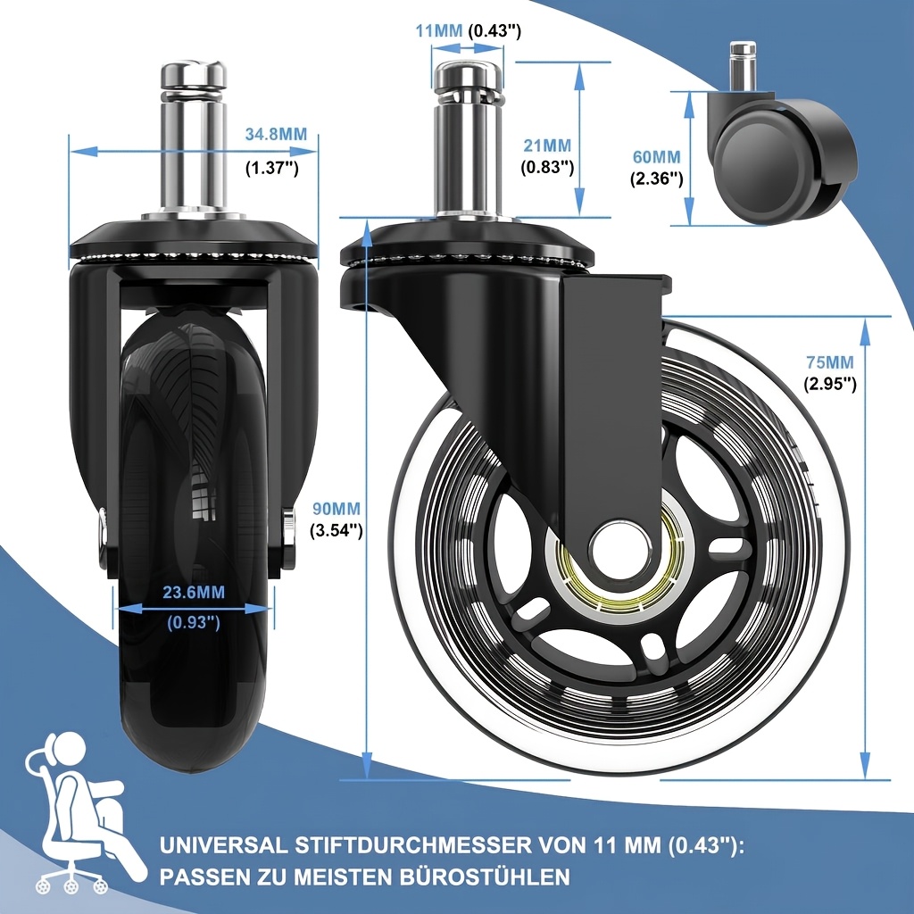 Image of 5pcs Set Universal 11mm Stem Office Chair Casters, 360 Degree Quiet Rotating Replacement Wheels, Smooth Rolling 75mm Chair Casters, Transparent And Black For Indoor Use