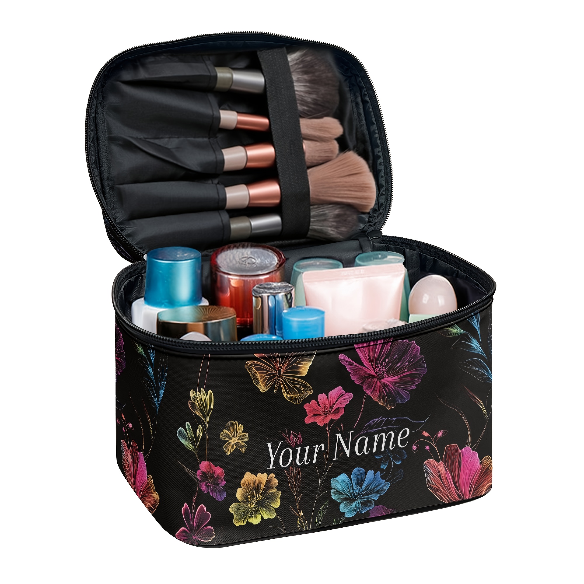 TEMU Customized Makeup Bag With A Vintage Floral And Design - A Travel Pouch Featuring A Zipper And Handle, Portable Toiletry Bag, Large Capacity