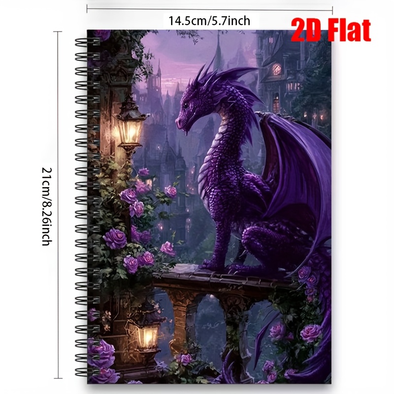 TEMU 1pc Vibrant Purple Dragon With Castle Scene Notebook, X / 5.7 X 8.26 Inches [2d] Flat Spiral Bound, Lined 100 Pages Journal For Daily Use, ,