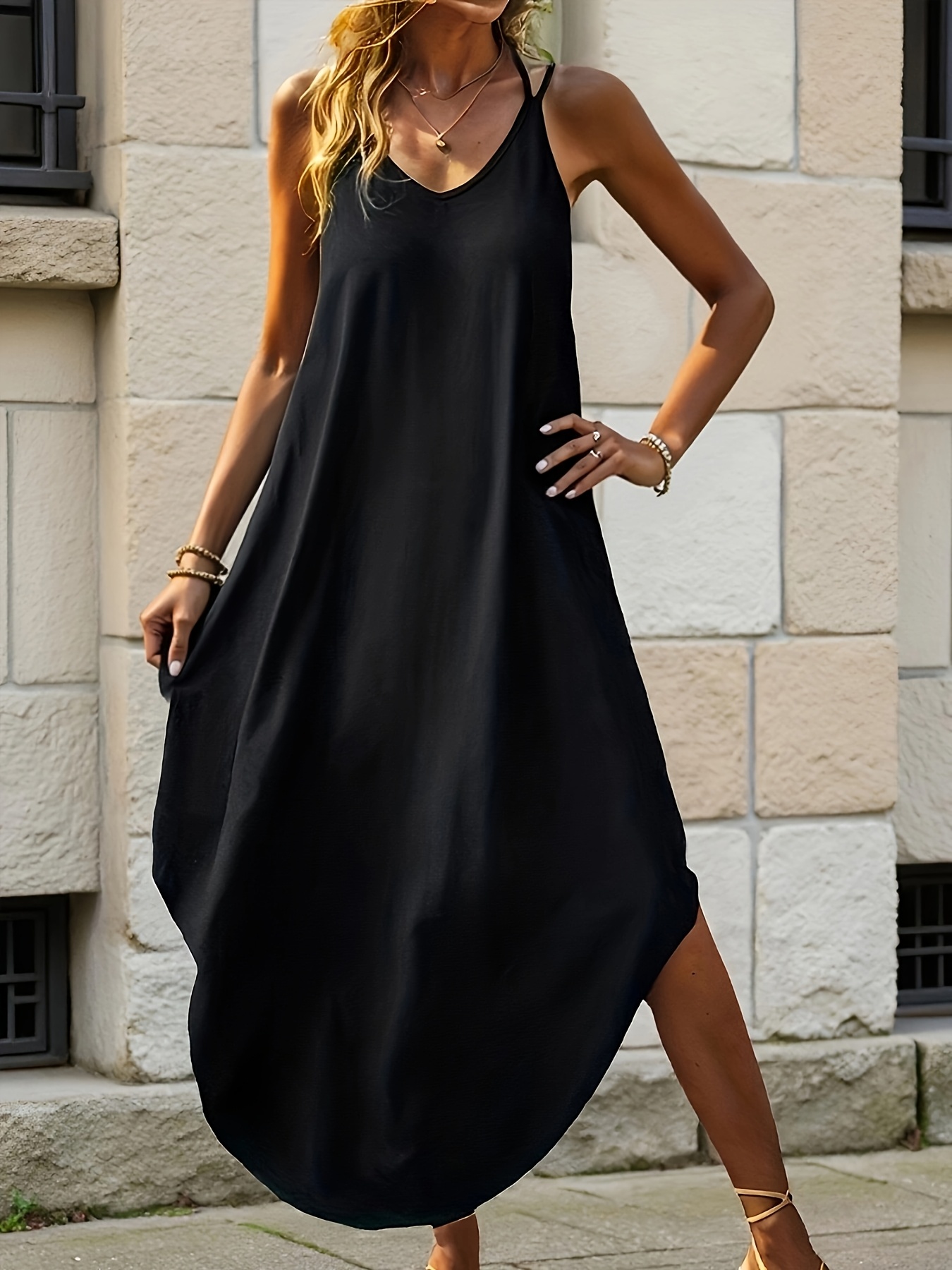 navy blue dress for baby girl Elegant A-line V-neck Spaghetti Straps Black Satin Long Prom Dresses,Prom  Gowns with Pockets,MP546 main image 1