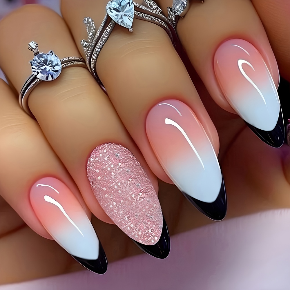 Change With Short Almond Acrylic Nails, Black And Pink Glitter, 24pcs Finger Nail Press Set With Nail File, Suitable For Women And Hot Chicks For Party Occasions. Dy1936 Pink And White