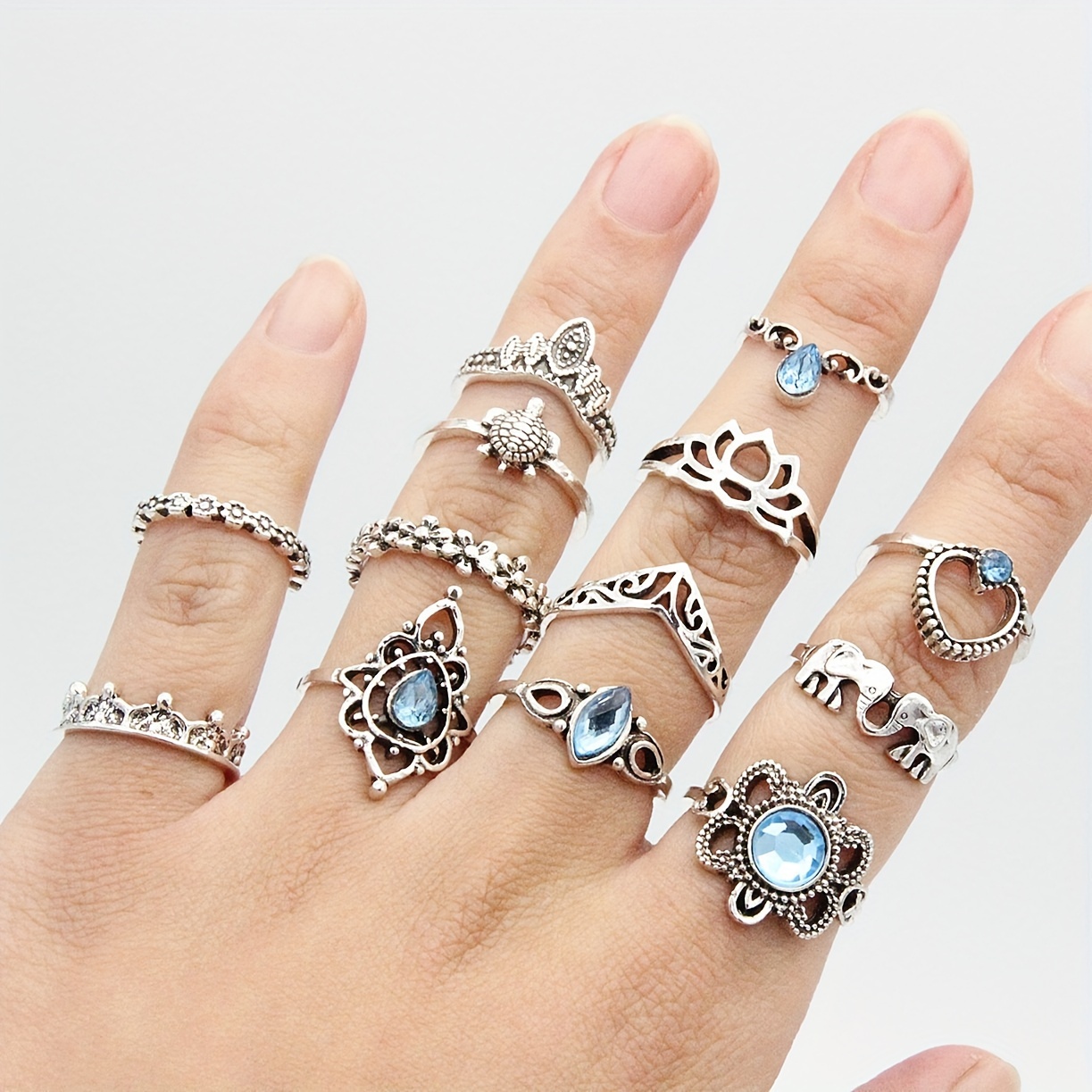 

13-piece Women's Hollowed-out Lotus Knuckle Ring, Crown Set With Drops, Didi Vintage Overlapping Ring