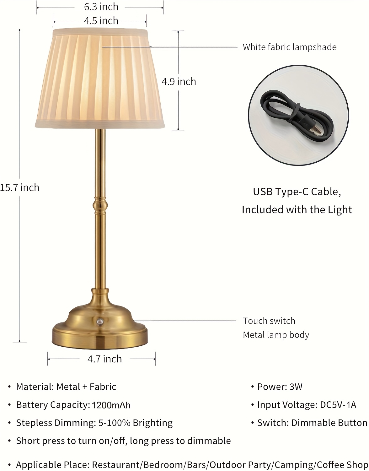 1PC Cordless Modern Retro Rechargeable Dimmable LED Desk Lamp, Touch Dimmable, Camping Lamp, Bedside Night Light, Restaurant Ambient Table Lamp