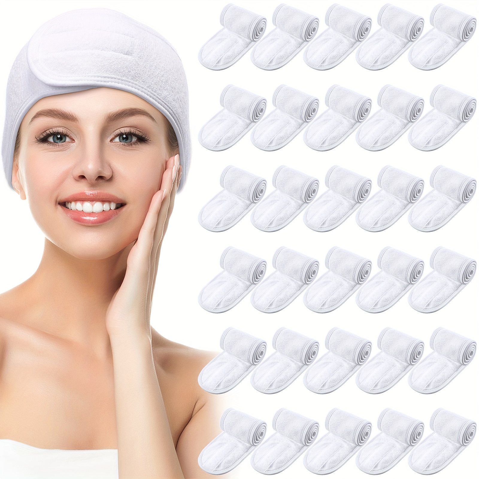 

30pcs Spa Headband Facial Esthetician Hair Wrap For Women Adjustable Makeup Sports Shower Stretch Towel With Tape(white)