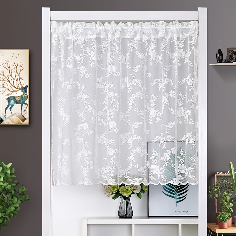 1pc Floral Lace Short Curtain With Wavy Edge - Sheer Polyester Half Curtain For Kitchen, Small Window, Cupboard, Or Barrier, Lightweight & Elegant Spring Decor, Kitchen Curtains