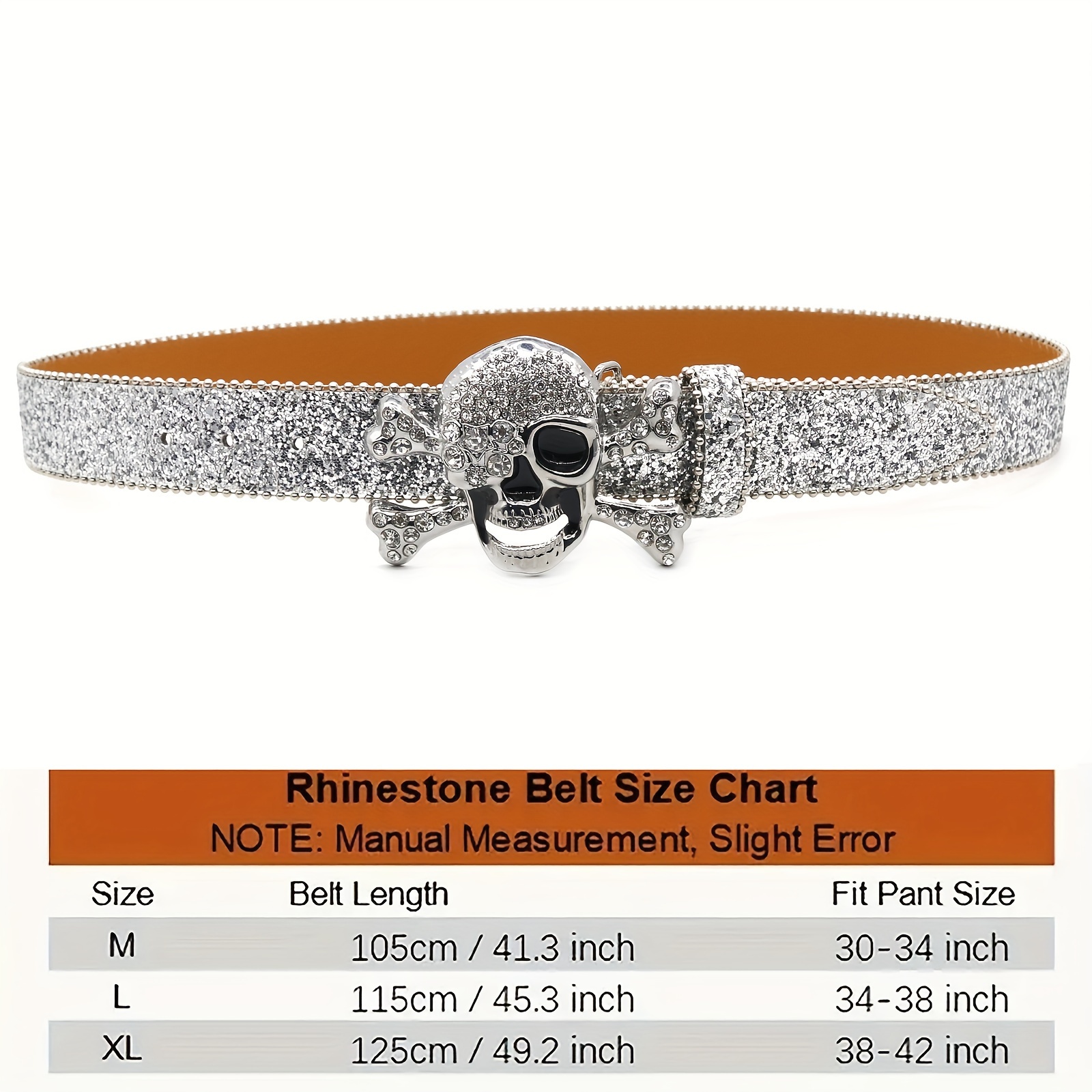 belt white sparkly hip hop punk style skull rivet - Temu display picture 3