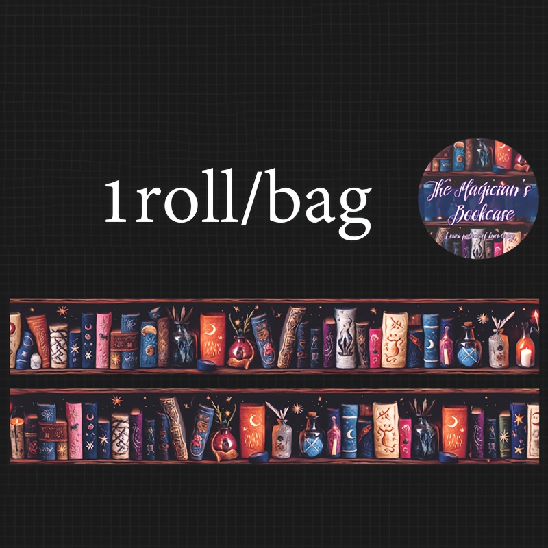 1 Roll "the Magician's Bookshelf" Series Bookshelf Scenery Pet Tape, Vintage Fairy Tale Theme Creative Collage Material For Diary, Greeting Cards, Cups, And Photo Frame Decoration