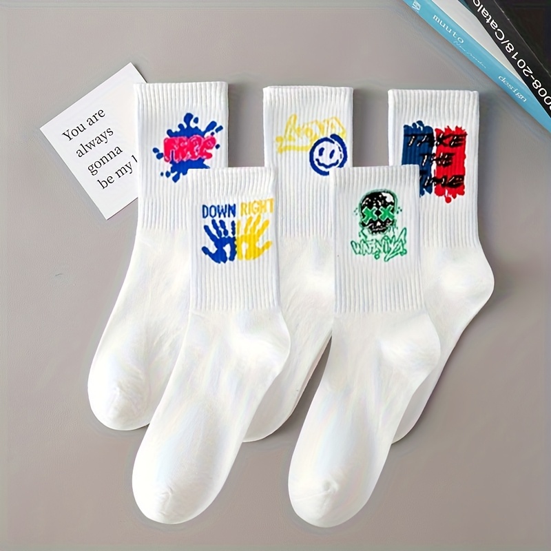 5 Pairs/10 Pairs Multi-Size Men's Socks Black and White Long Tube High-Cut Versatile Student Style Autumn/Winter Sports Socks