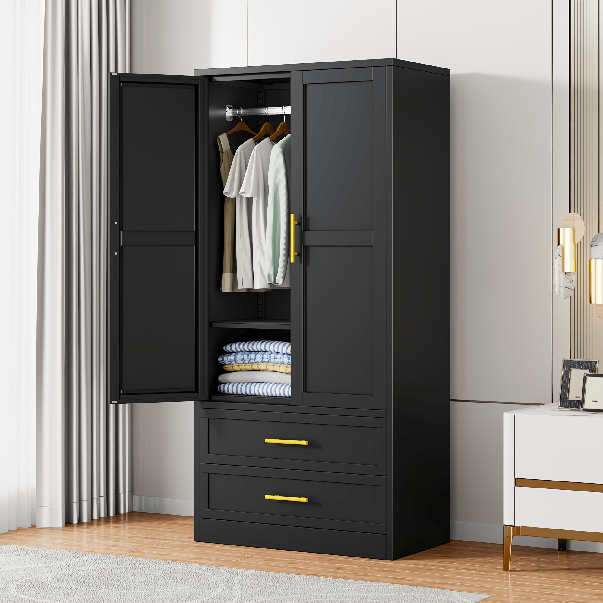 TEMU Mxa 71.39 "h Metal Storage Cabinet With Armrests, 2 Drawers, Adjustable Shelves, Clothesline, And Home Wardrobe