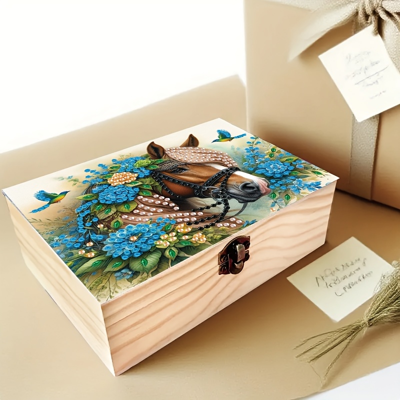 TEMU 1pc Diamond Painting Art Set Diy Handcraft Horse And Floral Pattern With Wooden Box Multi-functional Small Item Storage Box Jewelry Box Mosaic