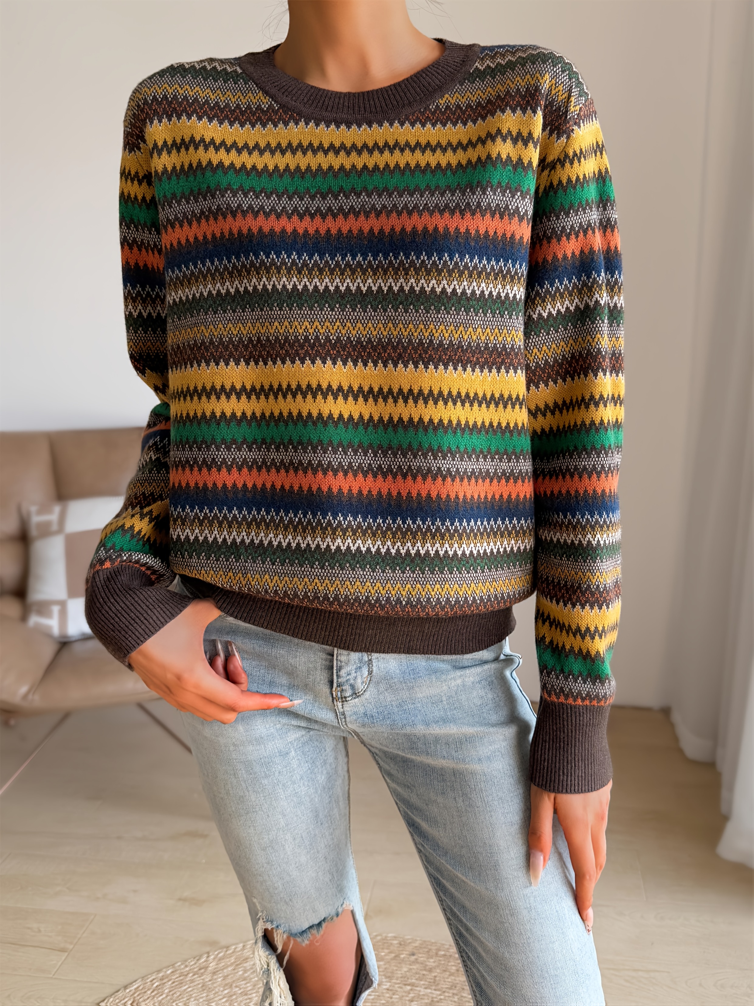 womens casual striped round neck sweater multi color Temu Ireland