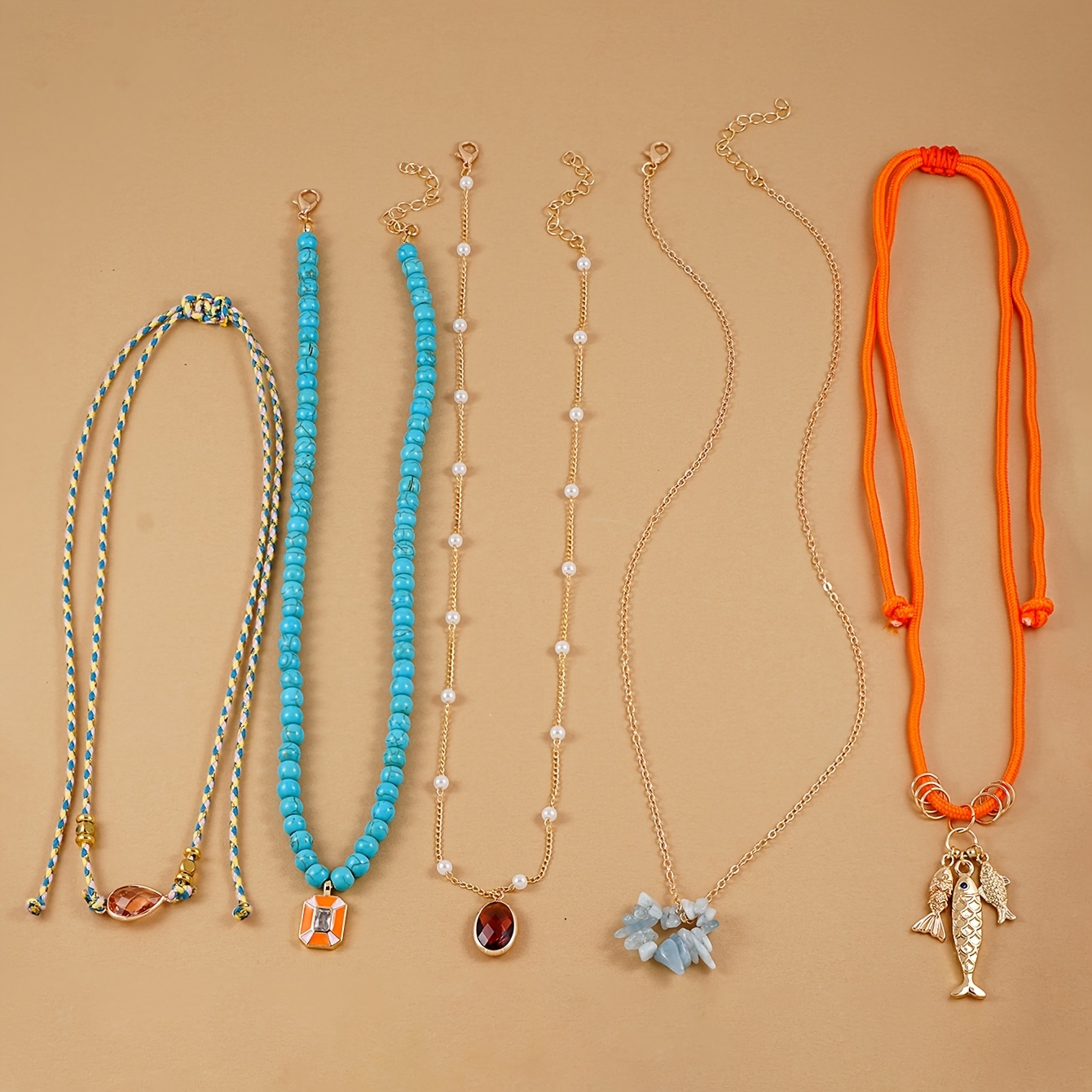 TEMU 5pcs Fashion Pendant Necklace Set, Bohemian Fish, Water Drop, Square Asymmetrical Stone Pendant Necklace, Turquoise Bead Necklace, Suitable For