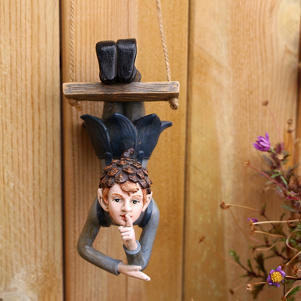 Image of 1pc Whimsical Swinging Elf Statues For Garden - Durable Resin, Cute Hanging Decor With Rope, Perfect For Outdoor Fairy Gardens & Thanksgiving Celebrations, Fairy Garden Accessories