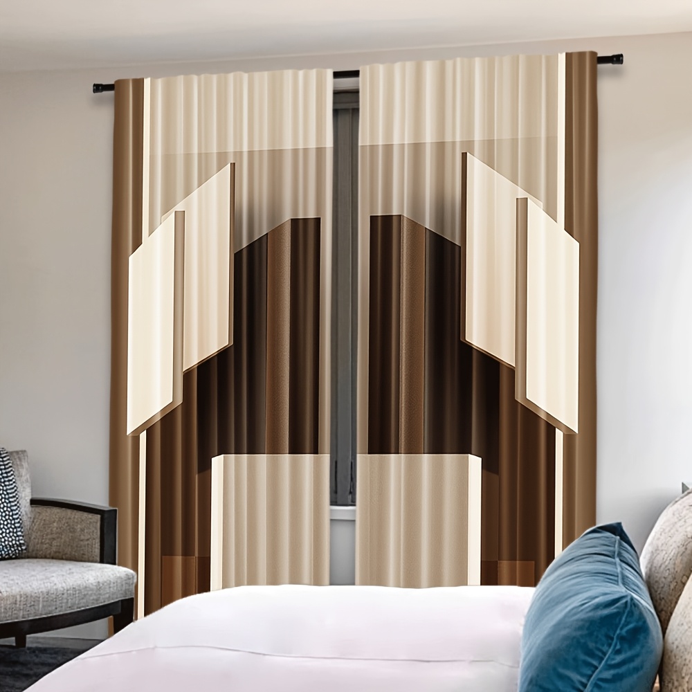 2pcs Cortinas Bege com Padrão de Bloco Geométrico - Design de Bolso de Varão 7