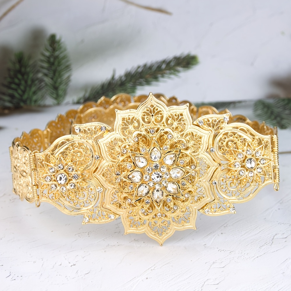 middle eastern style golden metal waist belt with accents non textile material no feathers for women ideal for wedding party night out weekend casual cute sweet accessory 0