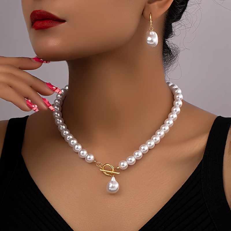 

Elegant French Vintage Baroque Faux Pearl Necklace And Earrings Set, Retro Chic Women's Fashion Jewelry, Clavicle Chain, Bold Statement Korean Style