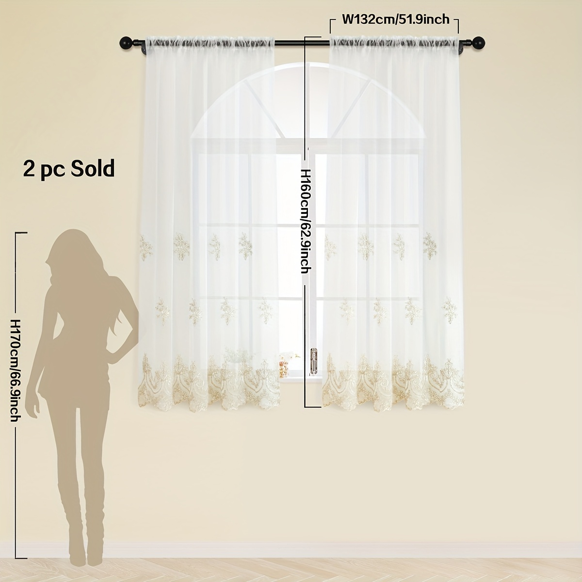 Image of 2-pack White Romantic Aesthetic Embroidered Sheer Curtains, Light Filtering , Suitable For Living Room And Bedroom Windows And Door Decor