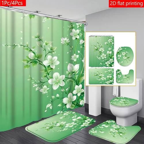 2d flat 1pc 4pcs 2d curtain with green and white floral pattern and multi color background modern and bathroom art decoration shower curtain set with 12 hooks 4pcs 1pc shower curtain 180 180cm 3pcs mat