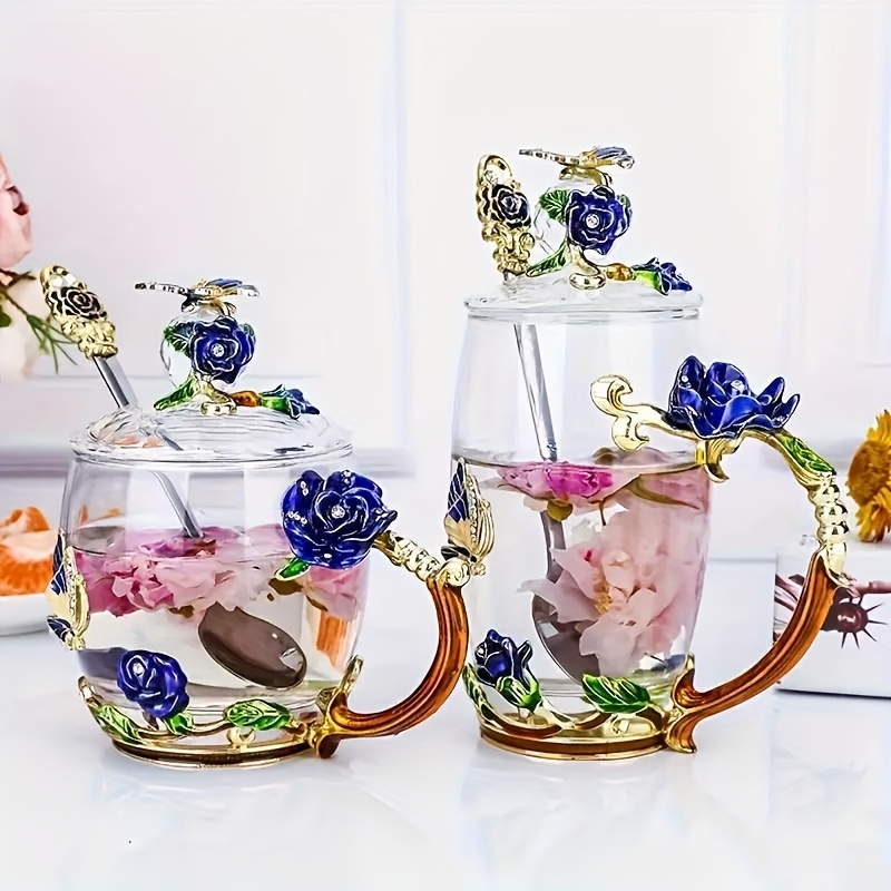 

Elegant Enamel Rose & Cup Set - 350ml Tall, 320ml Short | , Milk, Coffee, Hot Drinks | Crystal Glass Gift Set In Blue/red