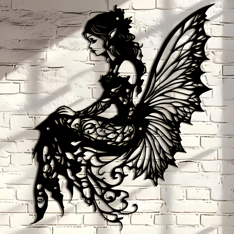 TEMU 1pc Sculpture Murale en Métal Art Déco - Silhouette de Fée Sirène avec , Design Complexe pour Jardin, Cour, Salon ou Balcon, Art Mural Extérieur
