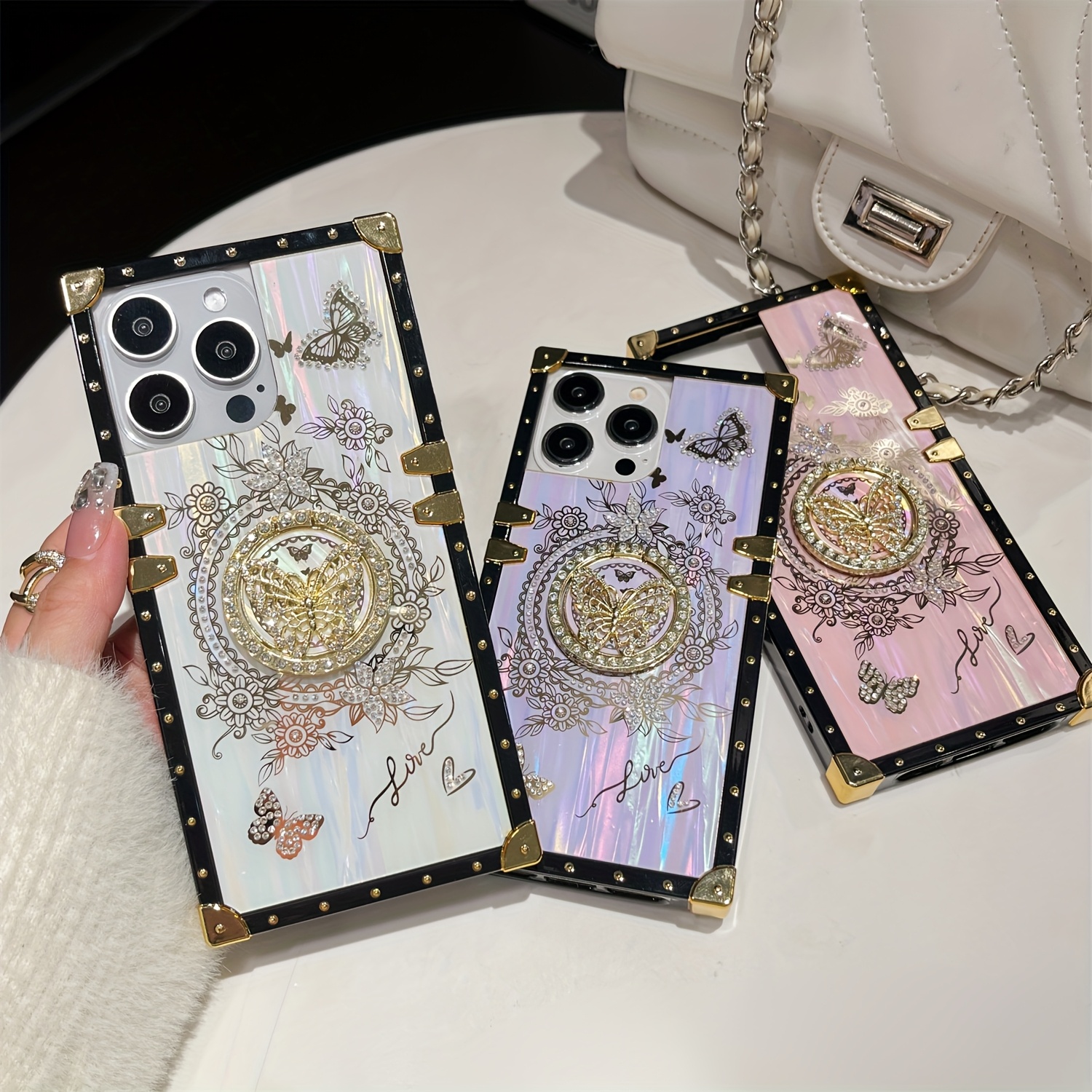 Luxury Laser Shell Pattern Case for iPhone 16 15 Pro Max 14 13 12 11 Plus Rhinestone Butterfly Stand Holder Shockproof Card