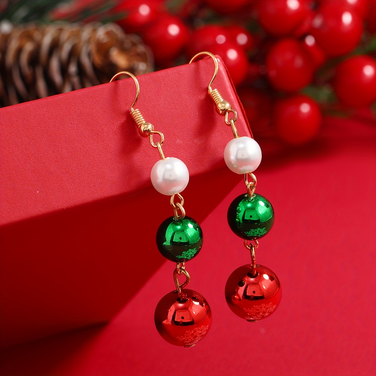 

Festive Christmas Earrings: A Pair Of Dangling, Bohemian-style Earrings With Red, Green, And White Beads, Perfect For Holiday Celebrations