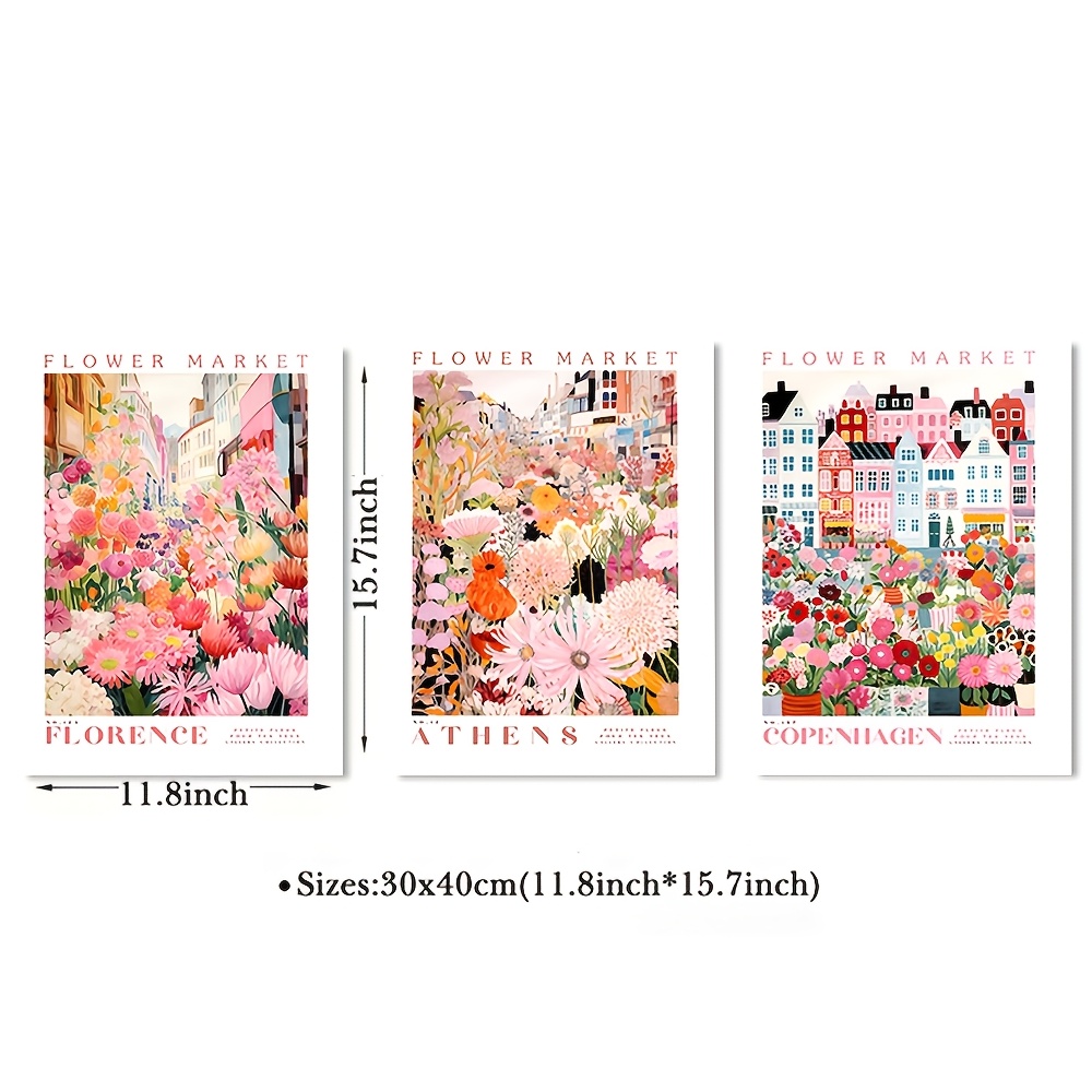 Set Of 3 Prints, Flower Market Poster, Wall Art Bundle, Botanical Wall Art, Botanical Poster, Pink Flower Poster, Gallery Wall Set